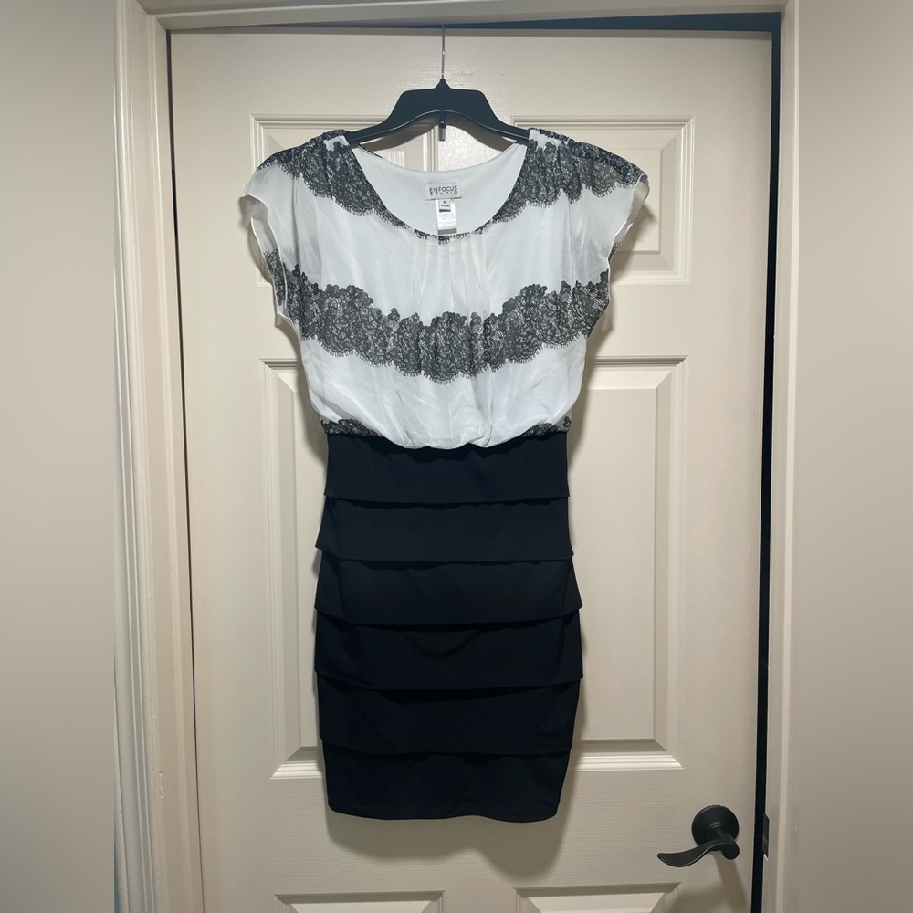 Enfocus Studio White and Black Sheath Mini Dress with Flutter Sleeves